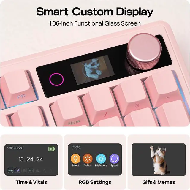Alt view image 3 of 7 - EPOMAKER TH108 V2 PRO Full Size Mechanical Keyboard with Screen&Knob, 10000mAh, BT/2.4Ghz, Mac Modifier PBT Keycap, Hot Swap, RGB, Gasket, Wireless Gaming Keyboard for Mac/PC (Pink, Sea Salt Silent)