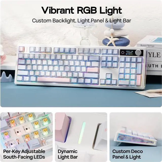 Alt view image 4 of 7 - EPOMAKER TH108 V2 PRO Full Size Mechanical Keyboard with Screen&Knob, 10000mAh, BT/2.4Ghz, Mac Modifier PBT Keycap, Hot Swap, RGB, Gasket, Wireless Gaming Keyboard for Mac/PC (Blue, Sea Salt Silent)