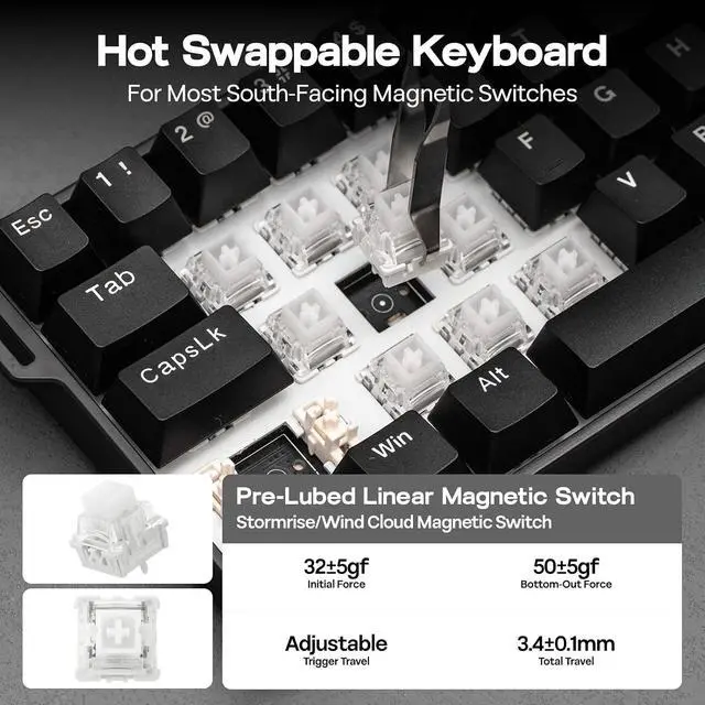 Alt view image 5 of 7 - EPOMAKER Aula MINI60 HE Hall Effect Gaming Keyboard,2.4GHz/BT, 8KHz Polling | SOCD & DKS, Adjustable Actuation & Fast Trigger, PBT Keycap, 60% Wireless Mechanical Keyboard for Win/Mac (Standard)