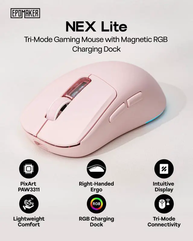 Alt view image 2 of 7 - EPOMAKER NEX Lite Wireless Gaming Mouse with Screens & RGB Charging Dock 65g Right-Hand Gaming Mice, PAW3311 Sensor, 1K Polling, 12K DPI, BT 5.0/2.4GHz/USB-C, for Gaming & Office (Pink)