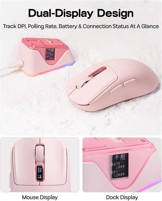 Alt view image 7 of 7 - EPOMAKER NEX Lite Wireless Gaming Mouse with Screens & RGB Charging Dock 65g Right-Hand Gaming Mice, PAW3311 Sensor, 1K Polling, 12K DPI, BT 5.0/2.4GHz/USB-C, for Gaming & Office (Pink)