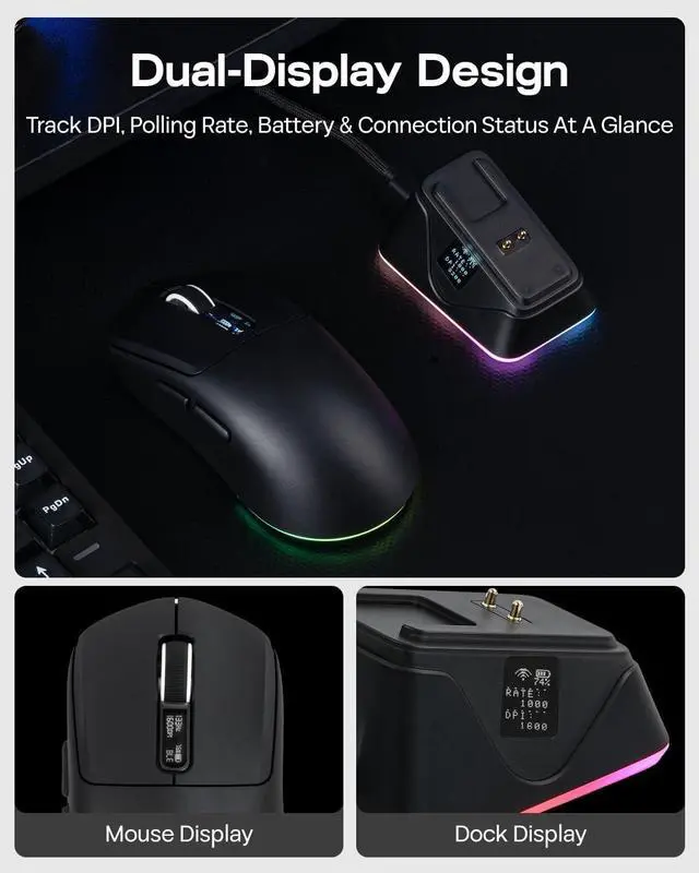 Alt view image 7 of 7 - EPOMAKER NEX Lite Wireless Gaming Mouse with Screens & RGB Charging Dock 65g Right-Hand Gaming Mice, PAW3311 Sensor, 1K Polling, 12K DPI, BT 5.0/2.4GHz/USB-C, for Gaming & Office (Black)