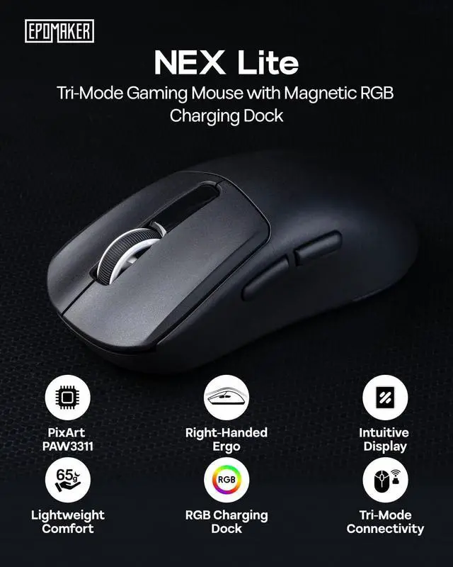 Alt view image 2 of 7 - EPOMAKER NEX Lite Wireless Gaming Mouse with Screens & RGB Charging Dock 65g Right-Hand Gaming Mice, PAW3311 Sensor, 1K Polling, 12K DPI, BT 5.0/2.4GHz/USB-C, for Gaming & Office (Black)