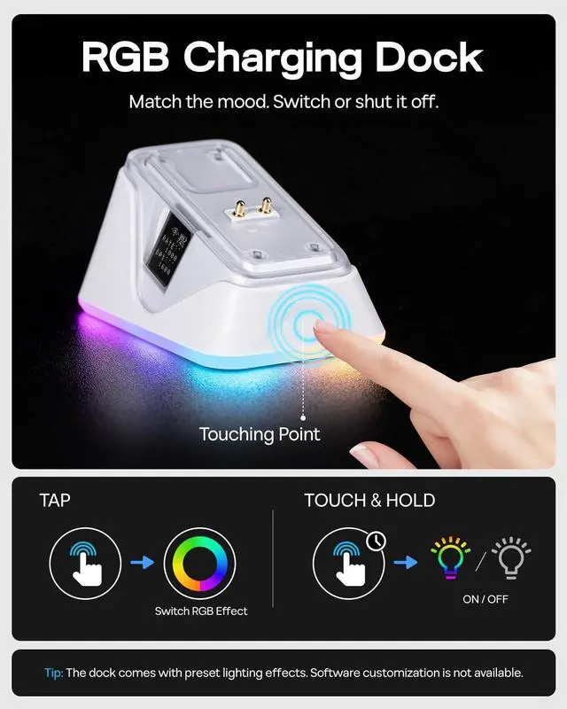Alt view image 6 of 7 - EPOMAKER NEX Lite Wireless Gaming Mouse with Screens & RGB Charging Dock 65g Right-Hand Gaming Mice, PAW3311 Sensor, 1K Polling, 12K DPI, BT 5.0/2.4GHz/USB-C, for Gaming & Office (White)