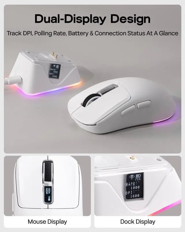Alt view image 7 of 7 - EPOMAKER NEX Lite Wireless Gaming Mouse with Screens & RGB Charging Dock 65g Right-Hand Gaming Mice, PAW3311 Sensor, 1K Polling, 12K DPI, BT 5.0/2.4GHz/USB-C, for Gaming & Office (White)
