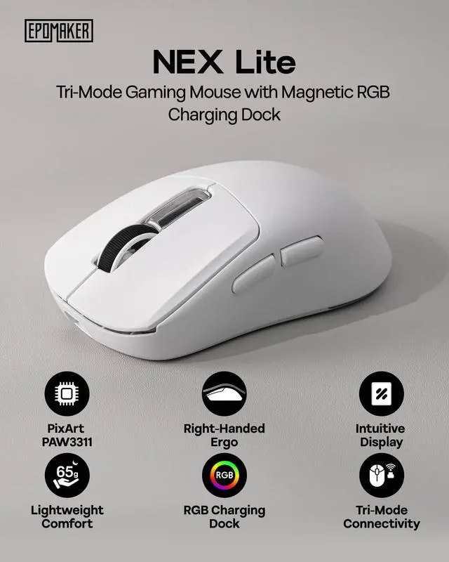 Alt view image 2 of 7 - EPOMAKER NEX Lite Wireless Gaming Mouse with Screens & RGB Charging Dock 65g Right-Hand Gaming Mice, PAW3311 Sensor, 1K Polling, 12K DPI, BT 5.0/2.4GHz/USB-C, for Gaming & Office (White)