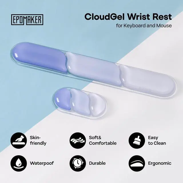 Alt view image 2 of 7 - EPOMAKER CloudGel Wrist Rest for Keyboard and Mouse, 2 Pieces Silicone Wrist Support, Anti-Slip Rubber Bottom, Ergonomic Design, Suitable for Office/Computer/Laptop/Gaming (Blue)
