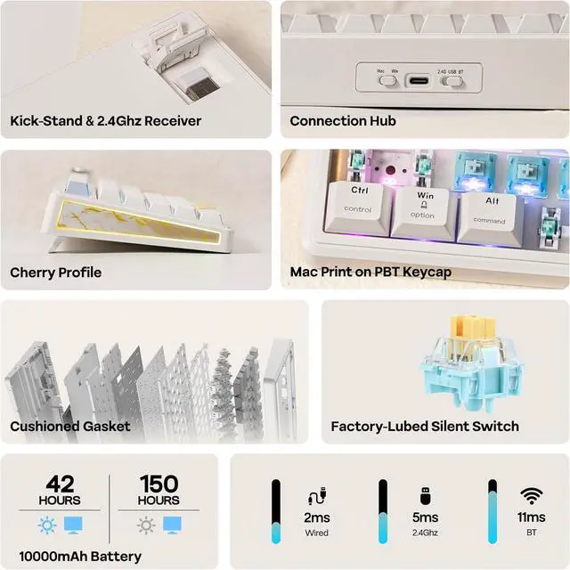 Alt view image 2 of 7 - EPOMAKER TH80 V2 PRO Wireless Gaming Keyboard with Screen&Knob, 10000mAh 2.4Ghz/BT/USB-C, RGB, Hot Swap, Custom Driver, NKRO, PBT Keycap, Mechanical Keyboard for PC/Mac (White, Creamy Jade)