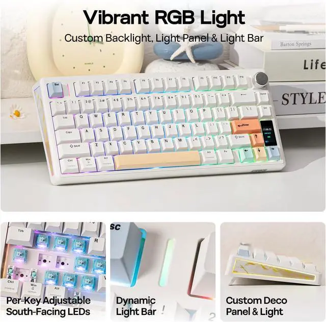Alt view image 4 of 7 - EPOMAKER TH80 V2 PRO Wireless Gaming Keyboard with Screen&Knob, 10000mAh 2.4Ghz/BT/USB-C, RGB, Hot Swap, Custom Driver, NKRO, PBT Keycap, Mechanical Keyboard for PC/Mac (White, Creamy Jade)