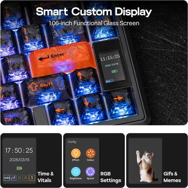 Alt view image 3 of 7 - EPOMAKER TH80 V2 PRO Wireless Gaming Keyboard with Screen&Knob, 10000mAh 2.4Ghz/BT/USB-C, RGB, Hot Swap, Custom Driver, NKRO, PBT Keycap, Mechanical Keyboard for PC/Mac (Black, Creamy Jade)