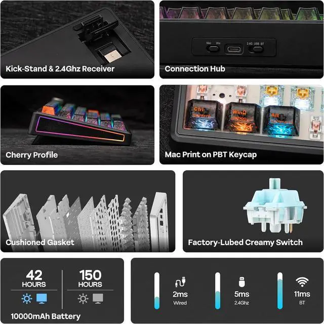 Alt view image 2 of 7 - EPOMAKER TH80 V2 PRO Wireless Gaming Keyboard with Screen&Knob, 10000mAh 2.4Ghz/BT/USB-C, RGB, Hot Swap, Custom Driver, NKRO, PBT Keycap, Mechanical Keyboard for PC/Mac (Black, Creamy Jade)