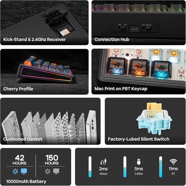 Alt view image 2 of 7 - EPOMAKER TH80 V2 PRO Wireless Gaming Keyboard with Screen&Knob, 10000mAh 2.4Ghz/BT/USB-C, RGB, Hot Swap, Custom Driver, NKRO, PBT Keycap, Mechanical Keyboard for PC/Mac (Black, Sea Salt Silent)