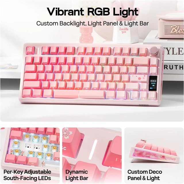 Alt view image 4 of 7 - EPOMAKER TH80 V2 PRO Wireless Gaming Keyboard with Screen&Knob, 10000mAh 2.4Ghz/BT/USB-C, RGB, Hot Swap, Custom Driver, NKRO, PBT Keycap, Mechanical Keyboard for PC/Mac (Pink, Creamy Jade)