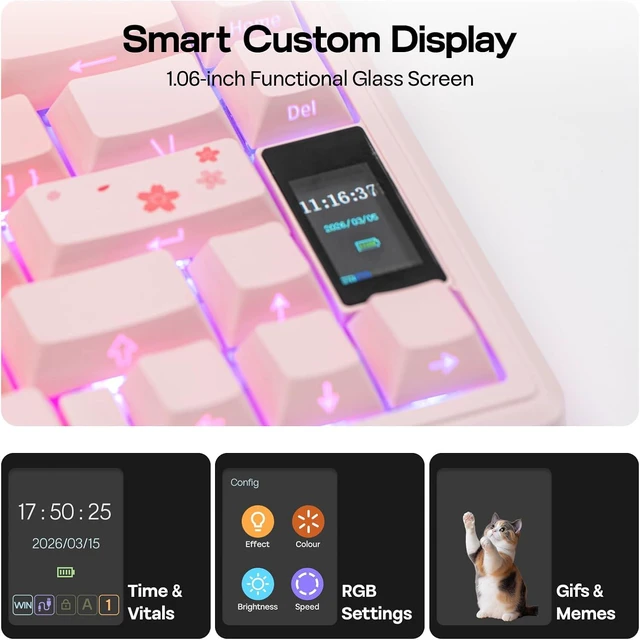 Alt view image 3 of 7 - EPOMAKER TH80 V2 PRO Wireless Gaming Keyboard with Screen&Knob, 10000mAh 2.4Ghz/BT/USB-C, RGB, Hot Swap, Custom Driver, NKRO, PBT Keycap, Mechanical Keyboard for PC/Mac (Pink, Creamy Jade)