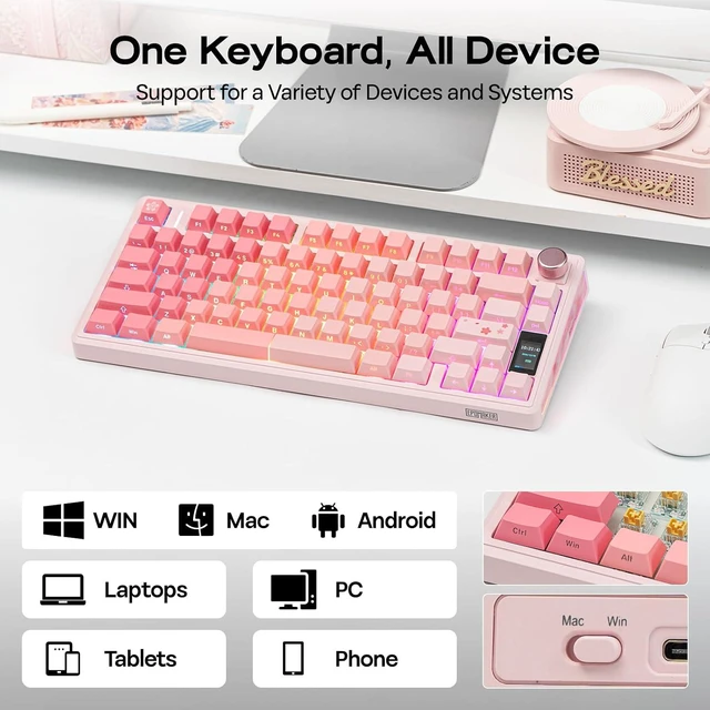 Alt view image 6 of 7 - EPOMAKER TH80 V2 PRO Wireless Gaming Keyboard with Screen&Knob, 10000mAh 2.4Ghz/BT/USB-C, RGB, Hot Swap, Custom Driver, NKRO, PBT Keycap, Mechanical Keyboard for PC/Mac (Pink, Creamy Jade)