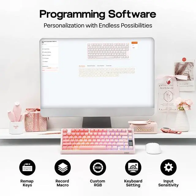 Alt view image 7 of 7 - EPOMAKER TH80 V2 PRO Wireless Gaming Keyboard with Screen&Knob, 10000mAh 2.4Ghz/BT/USB-C, RGB, Hot Swap, Custom Driver, NKRO, PBT Keycap, Mechanical Keyboard for PC/Mac (Pink, Creamy Jade)
