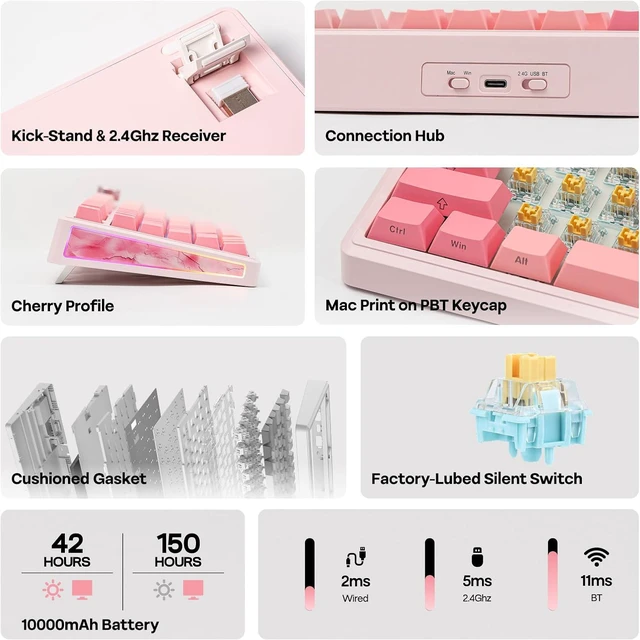 Alt view image 2 of 7 - EPOMAKER TH80 V2 PRO Wireless Gaming Keyboard with Screen&Knob, 10000mAh 2.4Ghz/BT/USB-C, RGB, Hot Swap, Custom Driver, NKRO, PBT Keycap, Mechanical Keyboard for PC/Mac (Pink, Sea Salt Silent)