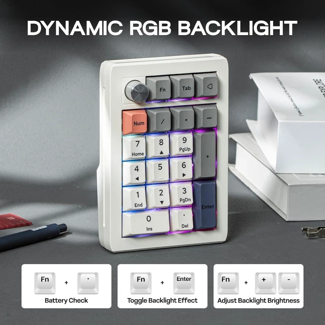 Alt view image 6 of 7 - EPOMAKER EK21 VIA Gasket Number Pad with 1000mAh Battery, BT 5.0/2.4GHz/Wired Hot-Swap Numpad with Aluminum Alloy knob, Programmable for Win/Mac/Gaming (Retro White, Wisteria V2 Switch)