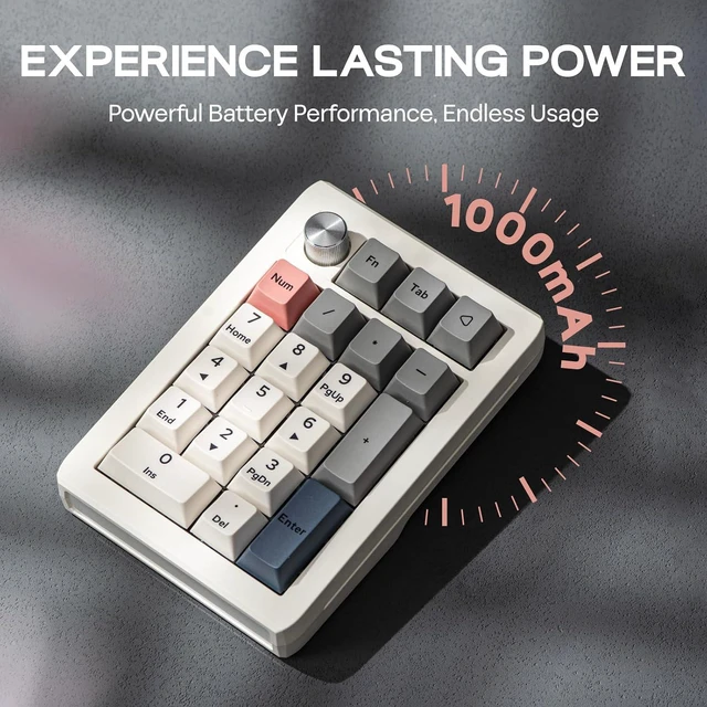 Alt view image 7 of 7 - EPOMAKER EK21 VIA Gasket Number Pad with 1000mAh Battery, BT 5.0/2.4GHz/Wired Hot-Swap Numpad with Aluminum Alloy knob, Programmable for Win/Mac/Gaming (Retro White, Wisteria V2 Switch)