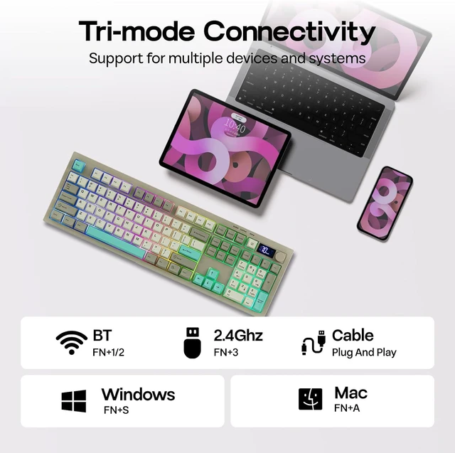 Alt view image 5 of 7 - EPOMAKER Aula S102 PRO Membrane Gaming Keyboard w/TFT Screen & Volume KnobSilent Keyboard with Number Pad for PC Game/Office, BT/2.4G/USB, RGB Backlit, Creamy Silicone Structure (Grey)