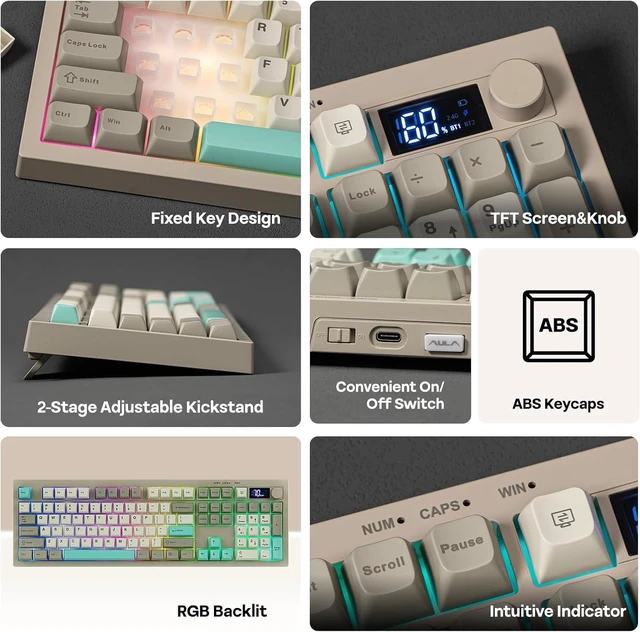 Alt view image 3 of 7 - EPOMAKER Aula S102 PRO Membrane Gaming Keyboard w/TFT Screen & Volume KnobSilent Keyboard with Number Pad for PC Game/Office, BT/2.4G/USB, RGB Backlit, Creamy Silicone Structure (Grey)