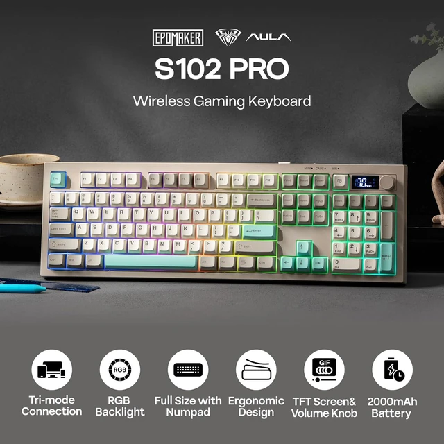 Alt view image 2 of 7 - EPOMAKER Aula S102 PRO Membrane Gaming Keyboard w/TFT Screen & Volume KnobSilent Keyboard with Number Pad for PC Game/Office, BT/2.4G/USB, RGB Backlit, Creamy Silicone Structure (Grey)