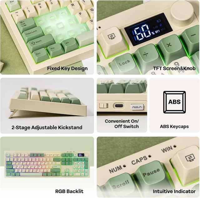 Alt view image 4 of 7 - EPOMAKER Aula S102 PRO Membrane Gaming Keyboard w/TFT Screen & Volume KnobSilent Keyboard with Number Pad for PC Game/Office, BT/2.4G/USB, RGB Backlit, Creamy Silicone Structure (Yellow)