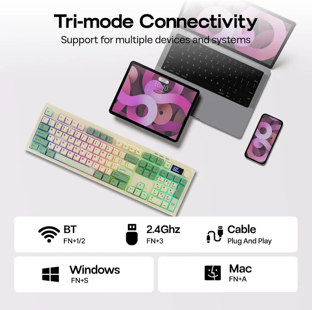 Alt view image 5 of 7 - EPOMAKER Aula S102 PRO Membrane Gaming Keyboard w/TFT Screen & Volume KnobSilent Keyboard with Number Pad for PC Game/Office, BT/2.4G/USB, RGB Backlit, Creamy Silicone Structure (Yellow)