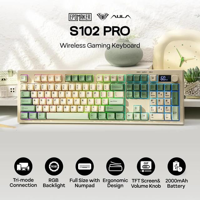 Alt view image 2 of 7 - EPOMAKER Aula S102 PRO Membrane Gaming Keyboard w/TFT Screen & Volume KnobSilent Keyboard with Number Pad for PC Game/Office, BT/2.4G/USB, RGB Backlit, Creamy Silicone Structure (Yellow)