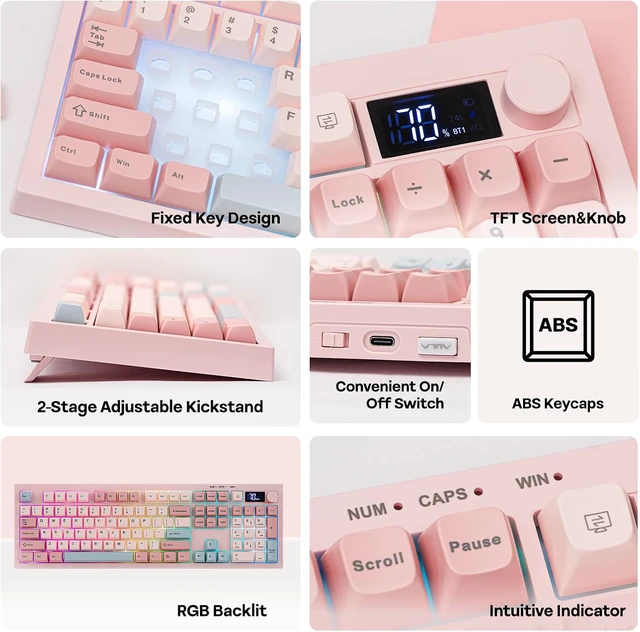 Alt view image 3 of 7 - EPOMAKER Aula S102 PRO Membrane Gaming Keyboard w/TFT Screen & Volume Knob
Silent Keyboard with Number Pad for PC Game/Office, BT/2.4G/USB, RGB Backlit, Creamy Silicone Structure (Pink)