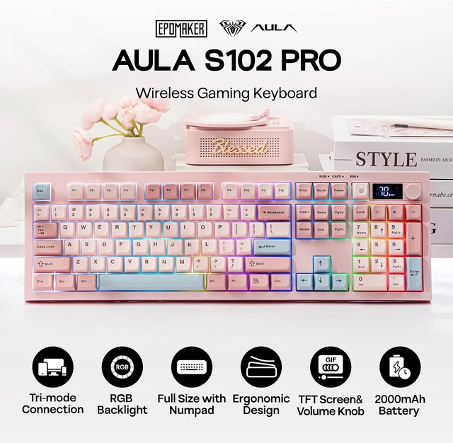 Alt view image 2 of 7 - EPOMAKER Aula S102 PRO Membrane Gaming Keyboard w/TFT Screen & Volume Knob
Silent Keyboard with Number Pad for PC Game/Office, BT/2.4G/USB, RGB Backlit, Creamy Silicone Structure (Pink)