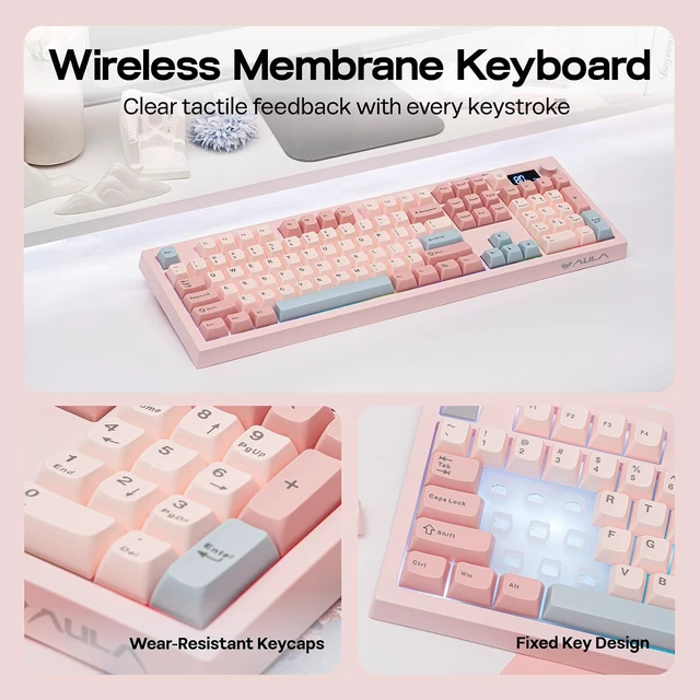 Alt view image 6 of 7 - EPOMAKER Aula S102 PRO Membrane Gaming Keyboard w/TFT Screen & Volume Knob
Silent Keyboard with Number Pad for PC Game/Office, BT/2.4G/USB, RGB Backlit, Creamy Silicone Structure (Pink)