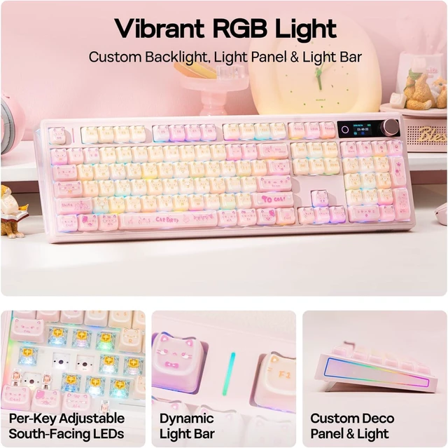 Alt view image 5 of 7 - EPOMAKER TH108 V2 PRO Full Size Mechanical Keyboard with Screen&Knob, 10000mAh, BT/2.4Ghz, Mac Modifier PBT Keycap, Hot Swap, RGB, Gasket, Wireless Gaming Keyboard for Mac/PC (JellyPaw, Creamy Jade)