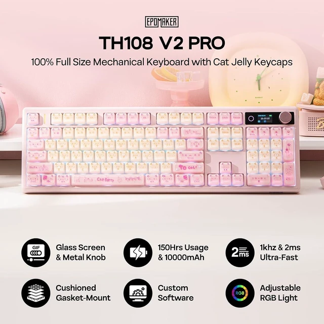 Alt view image 2 of 7 - EPOMAKER TH108 V2 PRO Full Size Mechanical Keyboard with Screen&Knob, 10000mAh, BT/2.4Ghz, Mac Modifier PBT Keycap, Hot Swap, RGB, Gasket, Wireless Gaming Keyboard for Mac/PC (JellyPaw, Creamy Jade)