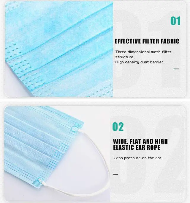 Alt view image 3 of 7 - Disposable Face Masks 3 layers Antiviral Antibacterial Face Mask Protection Adult Child Protective Nose and Mouth Medical Masks - 50 Pcs