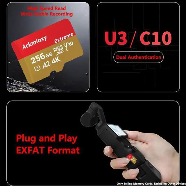 Alt view image 2 of 7 - Ackmioxy 1TB Extreme microSDHC UHS-I High Speed Memory Card with Adapter - Up to 100MB/s, C10, U3, V30, 4K, A2, Micro SD, Memory Card for OSMO NANO / ACE Pro / Camera Sport Camera Pocket 3 / Pocket 4