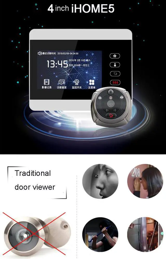 Main image of Rollup iHome5 WiFi Peephole Door Viewer & Video IP Doorbell 4 Inch Screen IR PIR Door HD Camera Motion Detect Door Bell