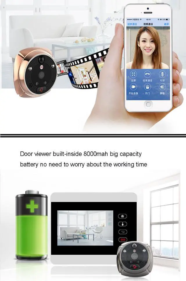 Alt view image 3 of 7 - Rollup iHome5 WiFi Peephole Door Viewer & Video IP Doorbell 4 Inch Screen IR PIR Door HD Camera Motion Detect Door Bell