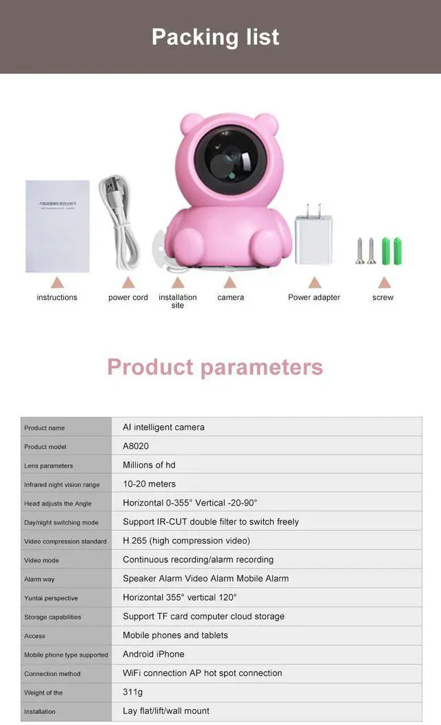 Alt view image 7 of 7 - Wireless WIFI Camera IP P2P CCTV Cam Baby Monitor Surveillance HD H.264130MP Lens IR Night Vision for Android or IOS Pink Color