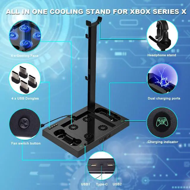 Alt view image 2 of 6 - Vertical Stand with Cooling Fan for Xbox Series X, with Dual Controller Charging Station, 4 Pcs Cooling Fan, Headset Stand, 1400mAh Rechargeable Battery Pack (Only for Xbox Series X)