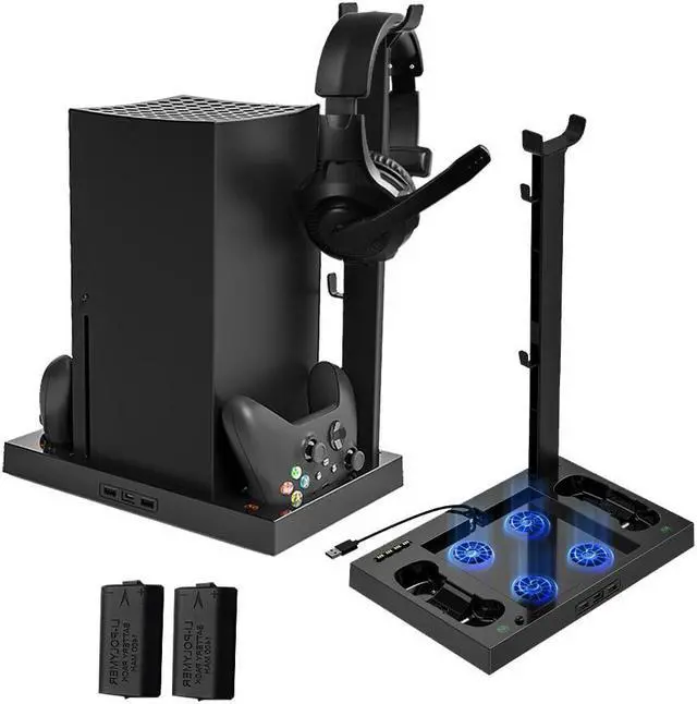 Main image of Vertical Stand with Cooling Fan for Xbox Series X, with Dual Controller Charging Station, 4 Pcs Cooling Fan, Headset Stand, 1400mAh Rechargeable Battery Pack (Only for Xbox Series X)