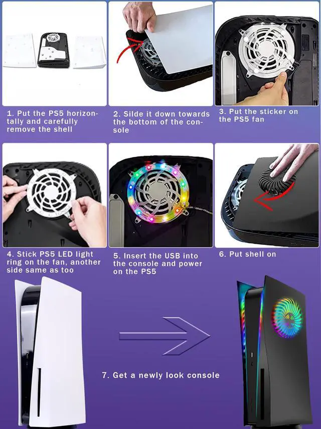 Alt view image 6 of 6 - PS5 Console Cover, Shockproof with RGB LED Light Strip & Cooling Vent PS5 FacePlates, ABS Anti-Scratch Dustproof Replacement Shell for Playstation 5 Console, Music Sync with 8 Colors - Disc Edition