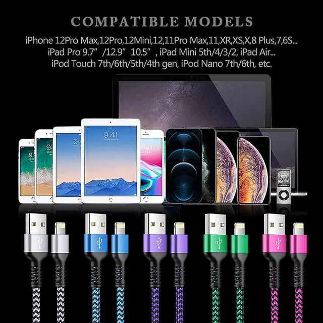 Alt view image 2 of 7 - iPhone Charger [5Pack/6ft], Long Braided Lightning Cables, Fast Charging Power Adapter Cargador Cords for iPhone 14/13/12 Pro Max/12Pro/11 Pro Max/SE/XS/XR/8/7/6S Plus, iPad mini Air Pod Color Wire