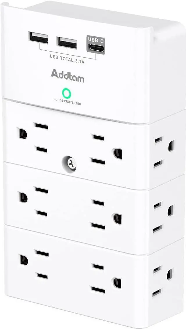 Main image of Multi Plug Outlet - Addtam Surge Protector Wall Mount with 12 Outlet Extender- 3 Sides and 3 USB Ports (1 USB-C), Outlet Splitter Power Strip for Home, Office, Hotel, White