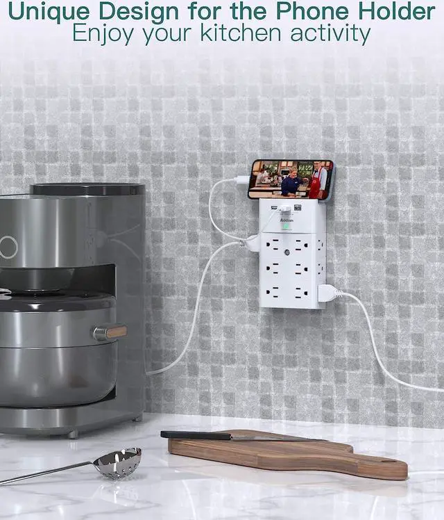 Alt view image 6 of 7 - Multi Plug Outlet - Addtam Surge Protector Wall Mount with 12 Outlet Extender- 3 Sides and 3 USB Ports (1 USB-C), Outlet Splitter Power Strip for Home, Office, Hotel, White