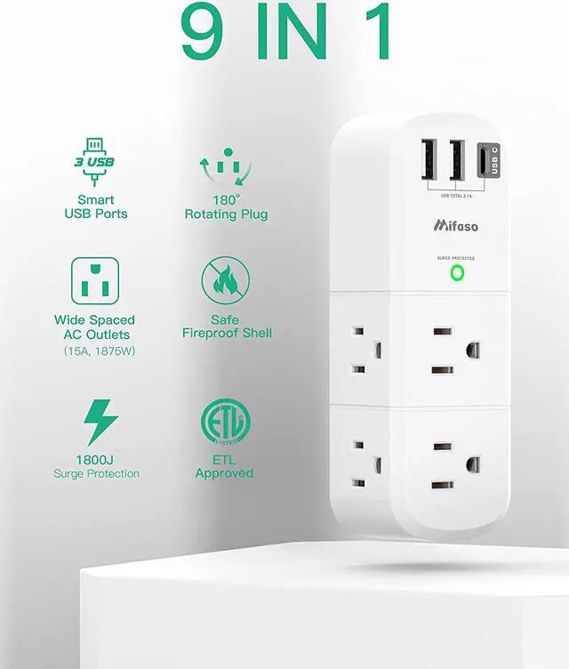 Alt view image 7 of 7 - Outlet Extender with Rotating Plug, Mifaso Surge Protector 6 AC Multi Plug Wall Outlets and 3 USB Ports, 1800 Joules, 3-Sided Swivel Power Strip Spaced Splitter for Home, Travel, Dorm Room Essentials