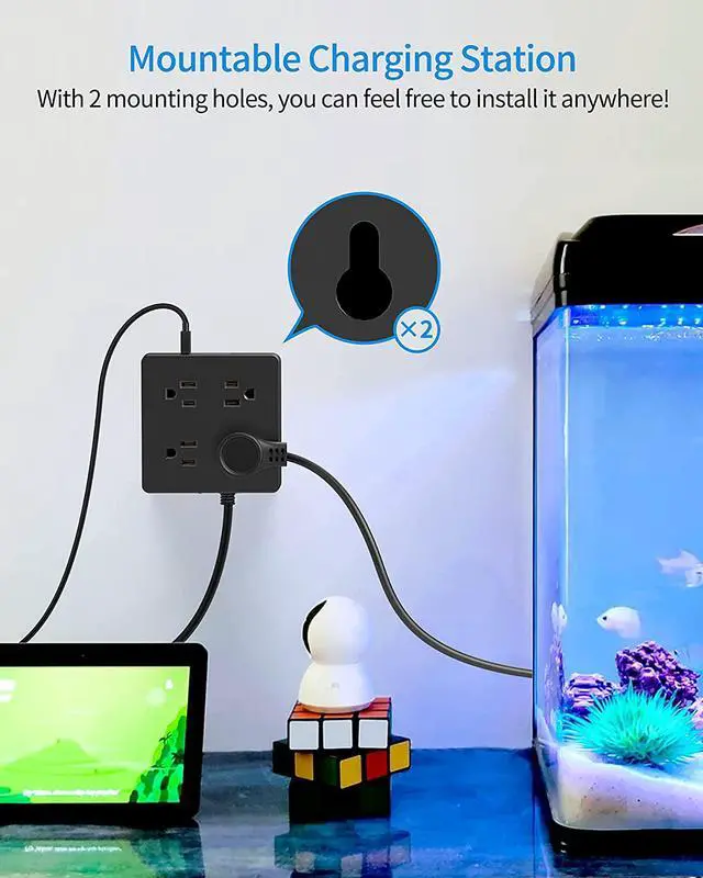 Alt view image 6 of 14 - Power Strip Surge Protector - Xiaogan 5 Ft Extension Cord with 4 Outlets & 4 USBs, 900 Joules, Overload Switch, Grounded, Mountable, Desktop Charging Station for Home, Office, Hotel, Dorm, Black