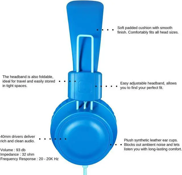 Alt view image 3 of 6 - iRAG J01 Kids Headphones Wired On-Ear Foldable 3.5mm Jack Cord, Ocean Blue | Stereo, Tangle-Free 5ft Cord For iPad, Kindle Fire, Laptop, Tablet, Toddlers, Boys, Girls, School, Travel, Airplane