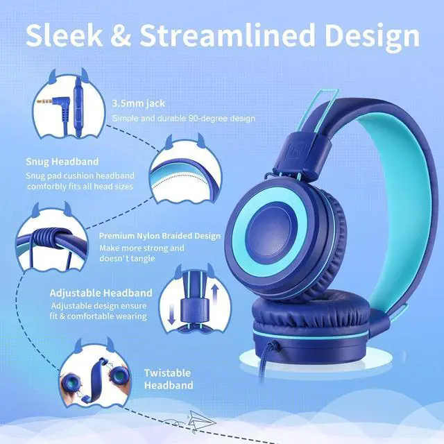 Alt view image 2 of 7 - POWMEE P10 Kids Stereo Headphones with Microphone for Children Boys Girls,Adjustable 85dB/94dB Volume Control Foldable On-Ear Headphone for School/PC/Cellphone(Blue)