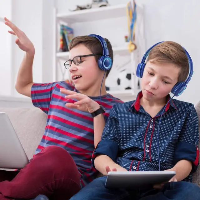 Alt view image 6 of 7 - POWMEE P10 Kids Stereo Headphones with Microphone for Children Boys Girls,Adjustable 85dB/94dB Volume Control Foldable On-Ear Headphone for School/PC/Cellphone(Blue)